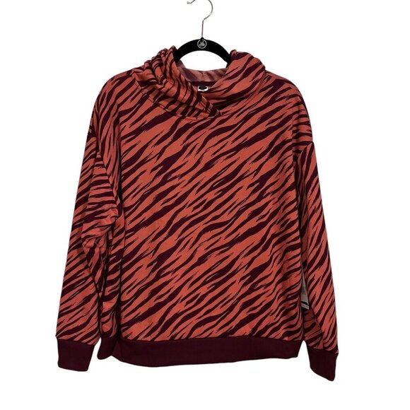 just be Tops - Women’s Long Sleeve Fleece Hoodie Tiger Stripe Burgundy Size: 1X